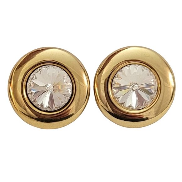 Gold Tone Clear Center Rivoli Rhinestone Clip On Earrings K848 - Picture 4 of 11